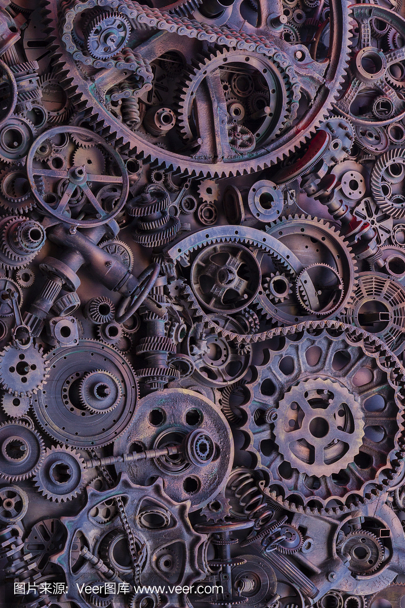 蒸汽朋克背景,機器零件,大齒輪和鏈條的機器和拖拉機。陳舊生銹的機器和機械部件。彈簧、軸承、活塞、曲軸、凸輪軸。